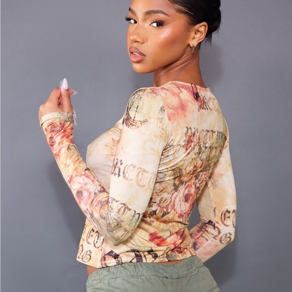 Beige Floral Old English Print Top